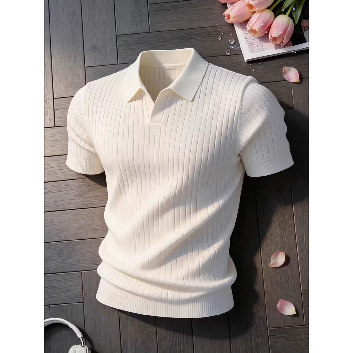 Striped Knit Mens Short Sleeve Polo Shirt