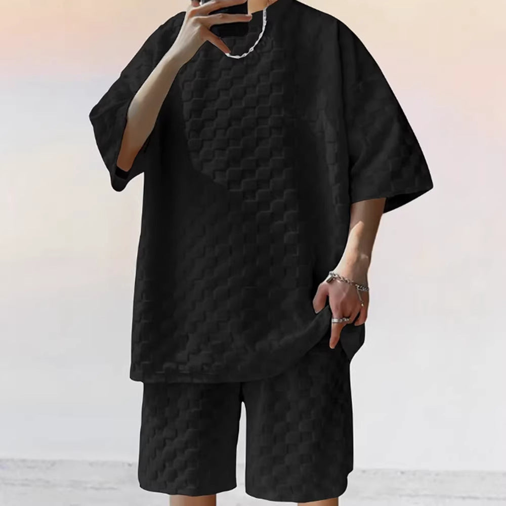 Men's Jacquard Plaid Casual T-Shirt and Shorts Set