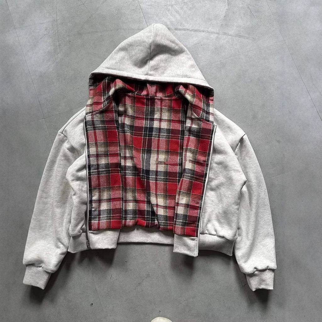 Reversible Plaid Zipper Hoodie Cardigan