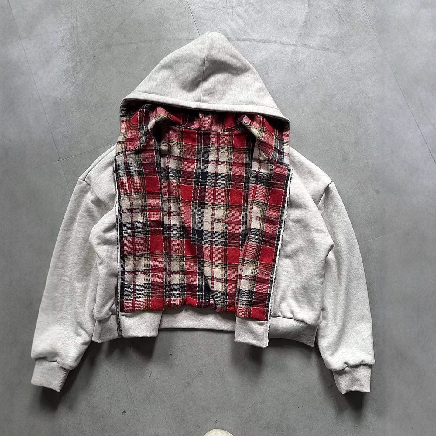 Reversible Plaid Zipper Hoodie Cardigan