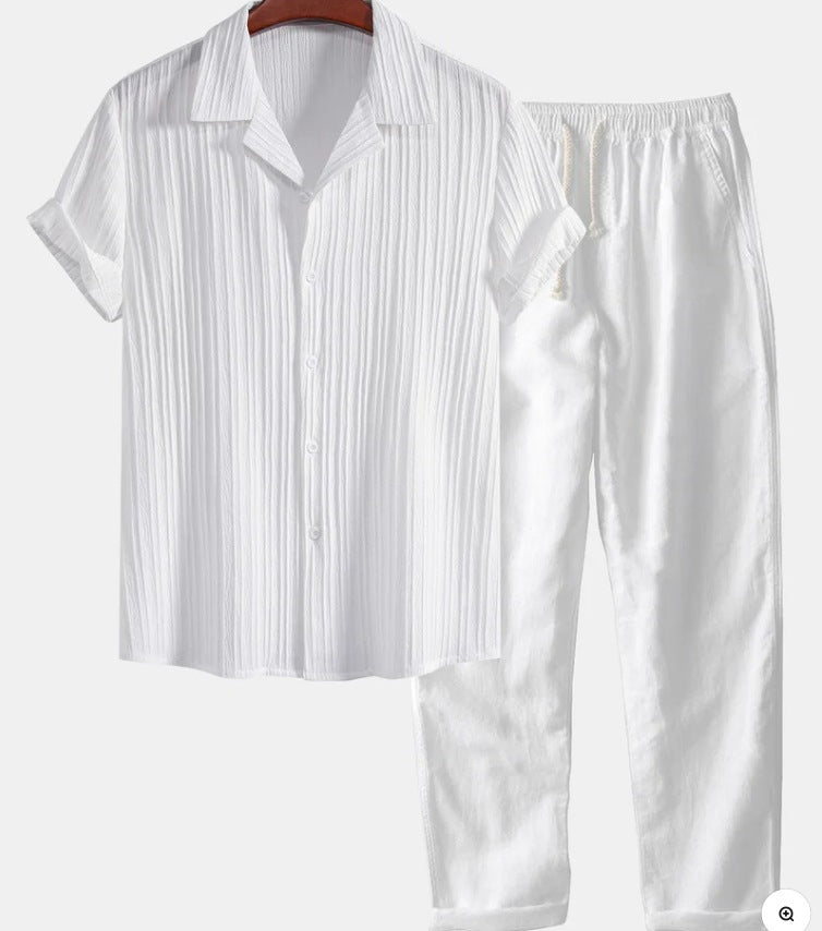 Mens Casual Short Sleeve Shirt and Long Pants Set