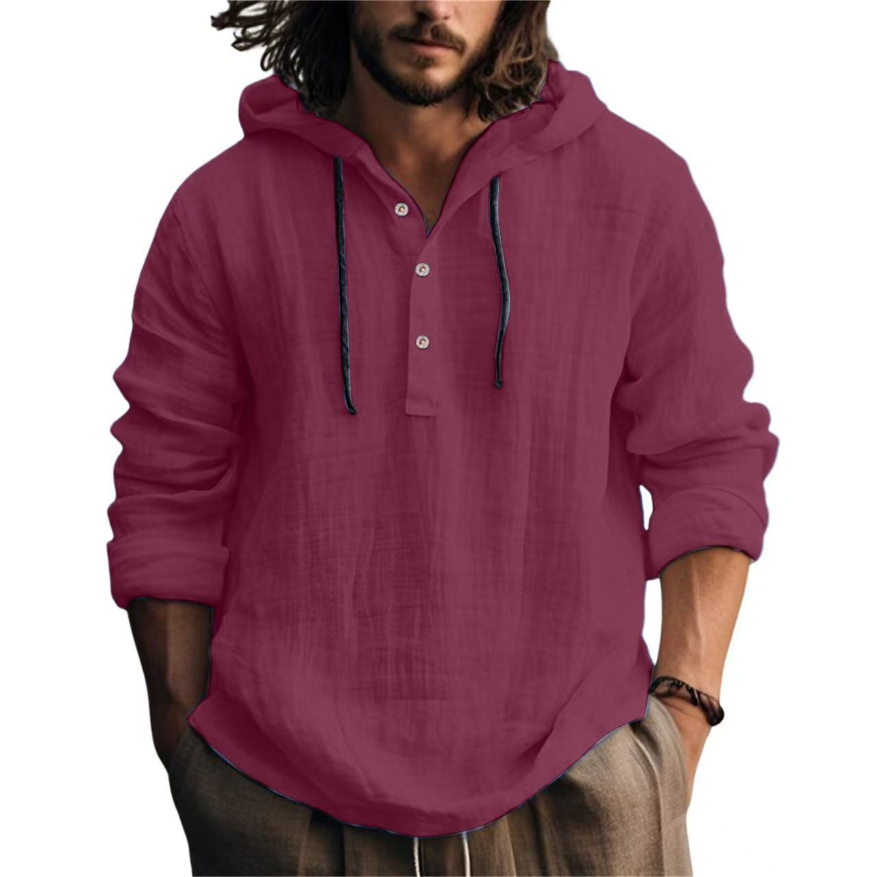 Cross-Border Summer Cotton and Linen Men's Hooded Shirt Long-Sleeved Casual Top Solid Color Breathable Thin Beach Men's T-Shirt