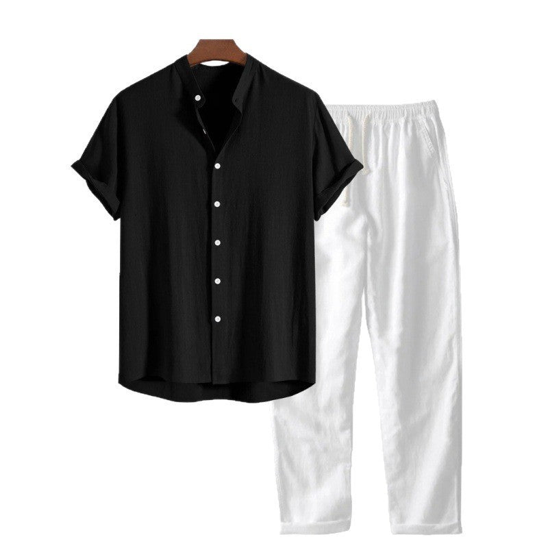 Mens Casual Short Sleeve Shirt and Long Pants Set