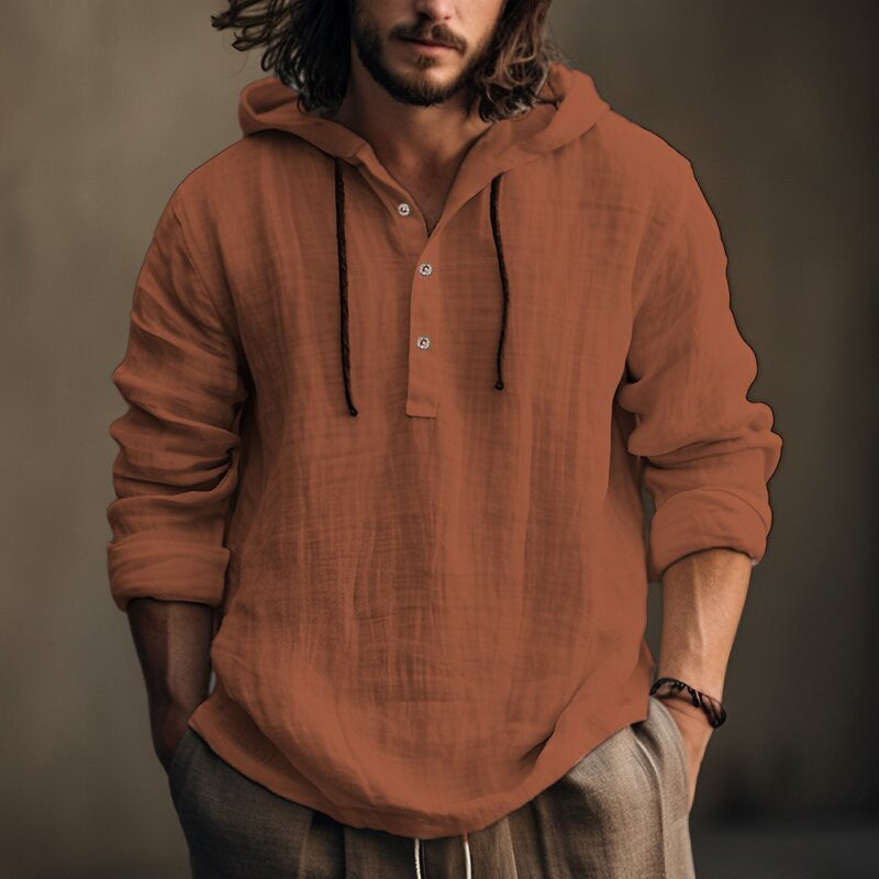Cross-Border Summer Cotton and Linen Men's Hooded Shirt Long-Sleeved Casual Top Solid Color Breathable Thin Beach Men's T-Shirt