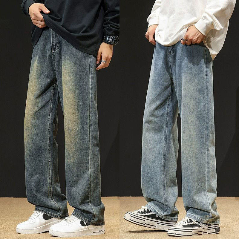 Mens Washed Denim Pants with Elastic Waist