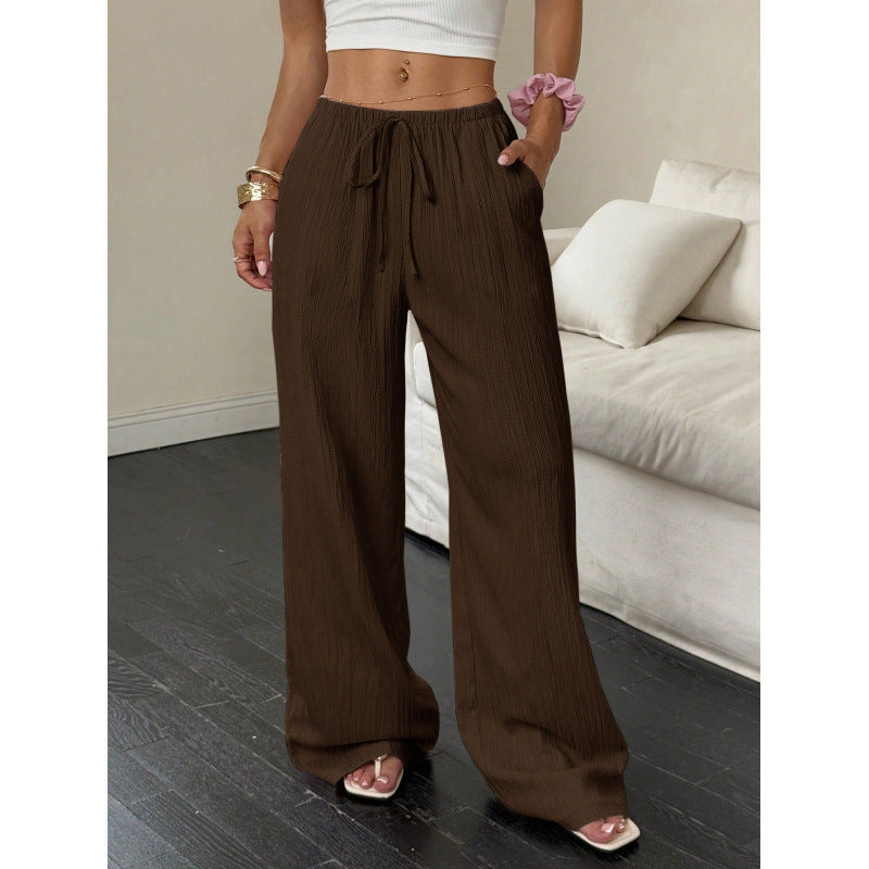 Womens Textured Knotted Waist Wide Leg Pants