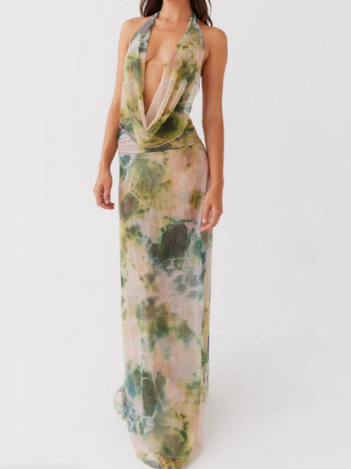 Fashion Printed Halter Neck High Waist Dress