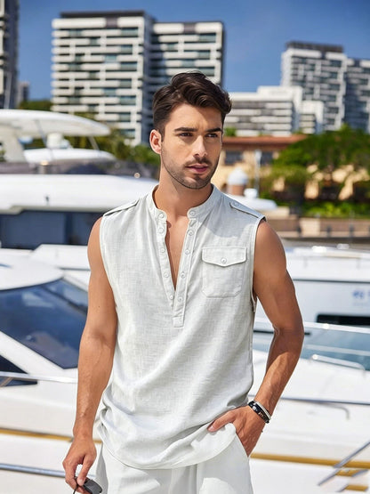 Mens Linen Sleeveless Vest with Stand Collar