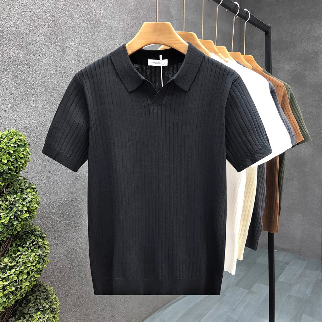 Mens Striped V-Neck Polo Shirt