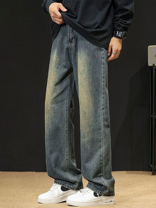 Mens Washed Denim Pants with Elastic Waist