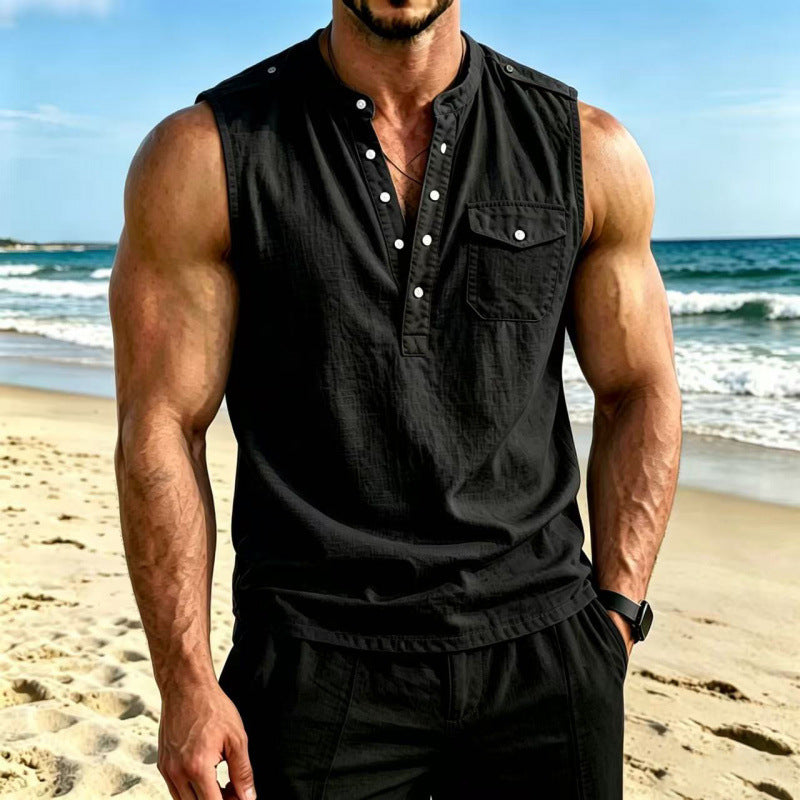 Men's Linen Sleeveless Vest with Button Pocket