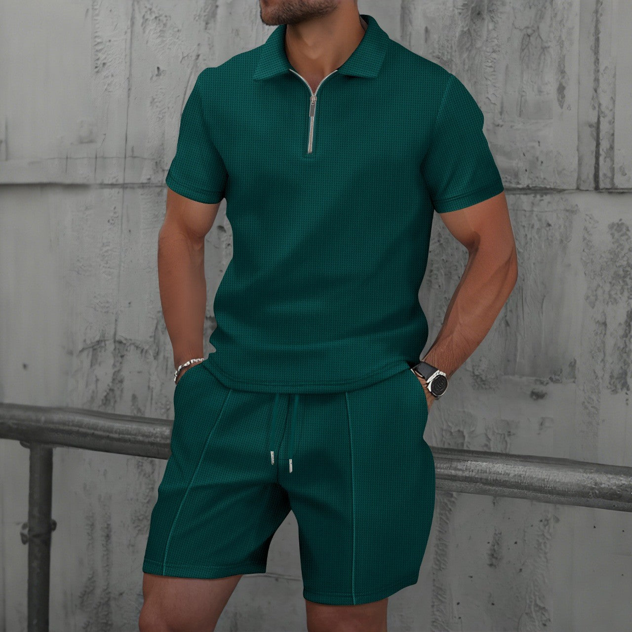 Men's Waffle Knit Short Sleeve and Shorts Set