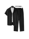 Men's Striped Short Sleeve Shirt and Drawstring Long Pants Casual Suit Set