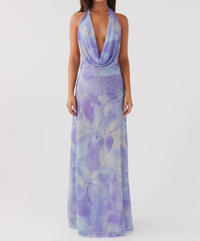 Fashion Printed Halter Neck High Waist Dress