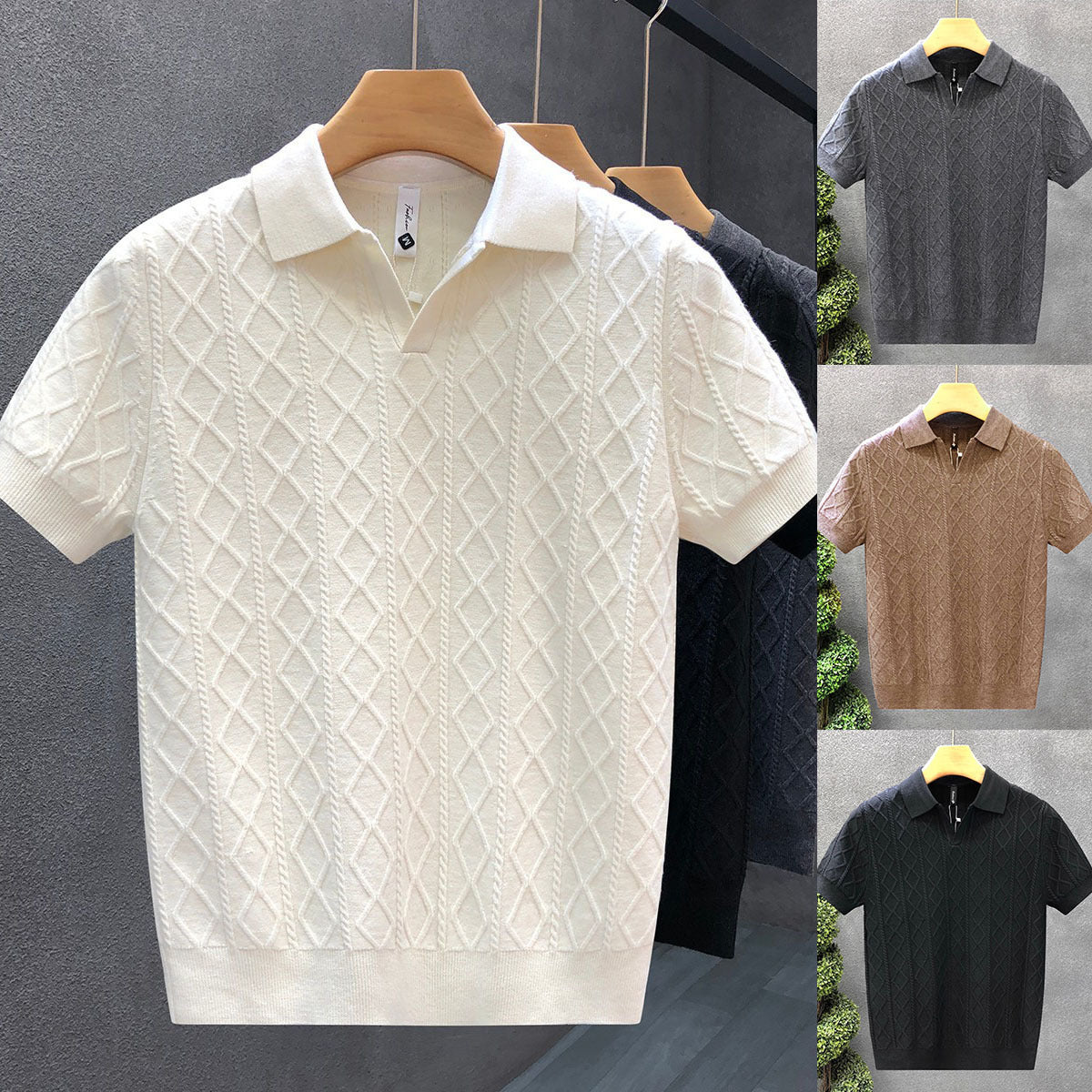Mens Textured V-Neck Polo Shirt