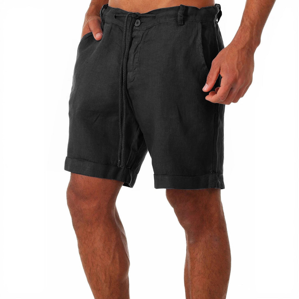 Mens Cotton Linen Drawstring Casual Shorts