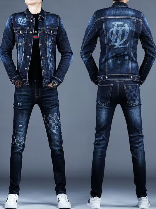 Slim-Fit Printed Denim Suit for Men