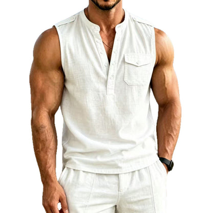 Men's Linen Sleeveless Vest with Button Pocket