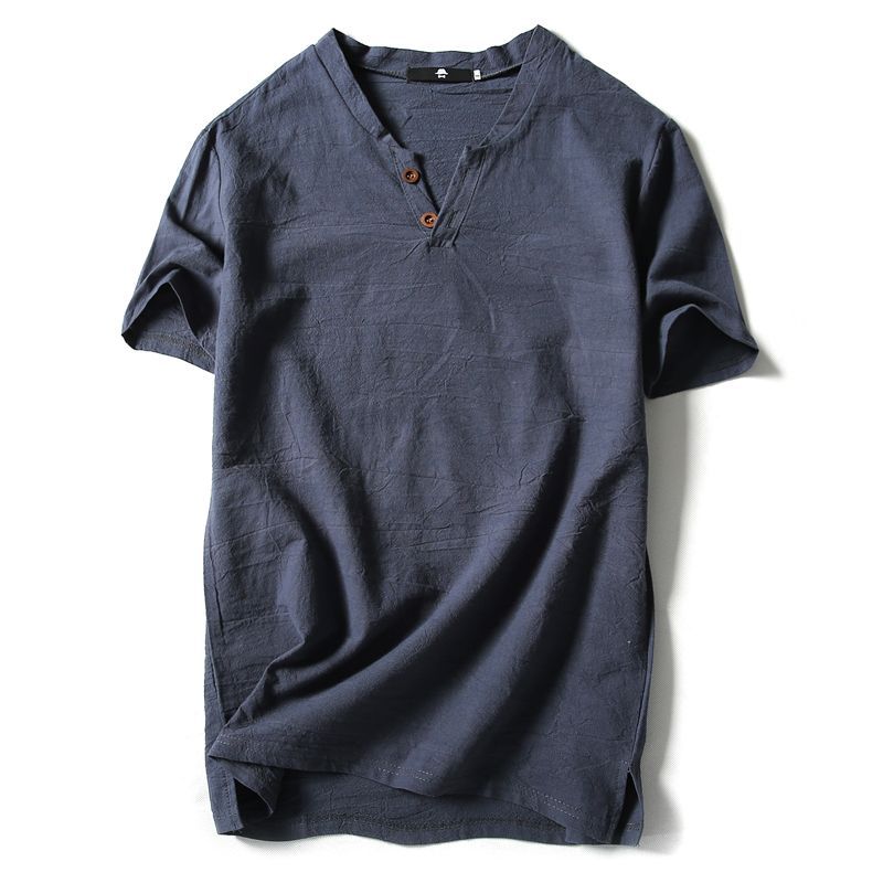Mens Cotton Linen V-neck T-shirt
