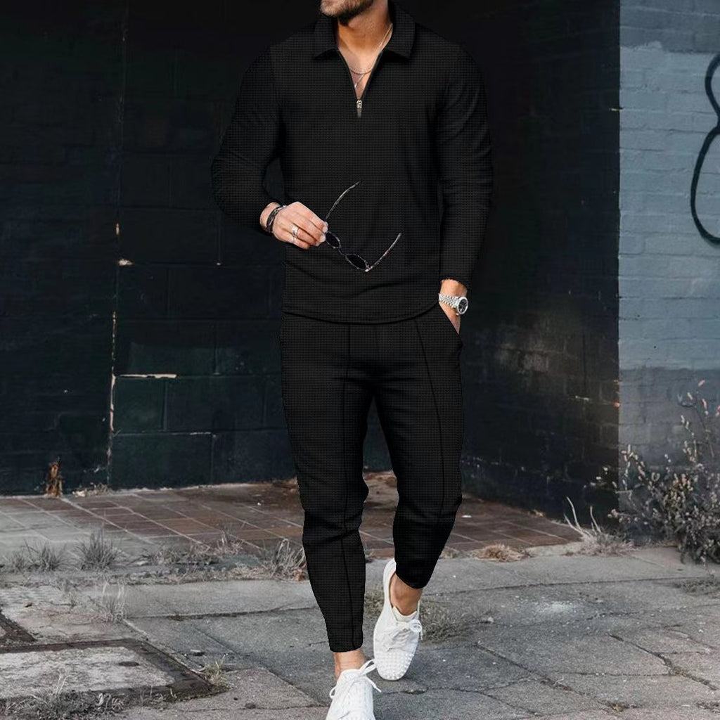 Men's Textured Long Sleeve Polo and Pants