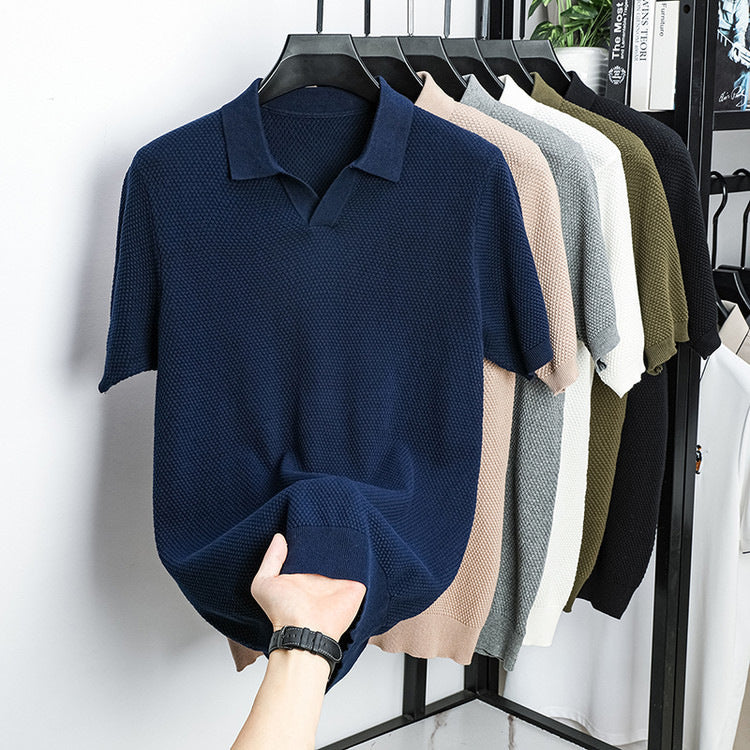 Summer Men's Pure Cotton Short-Sleeve Pineapple Knit Seagull Collar Breathable Thin T-Shirt Solid Color Casual Knitwear Men's Clothing