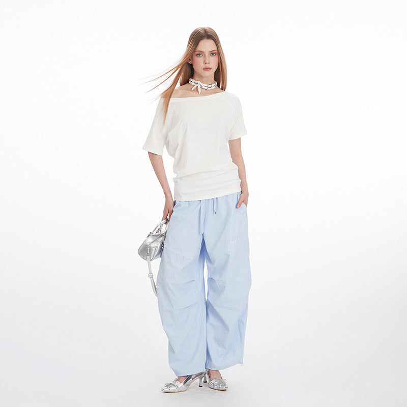 Irregular slanted collar off-the-shoulder short-sleeved shirts in summer