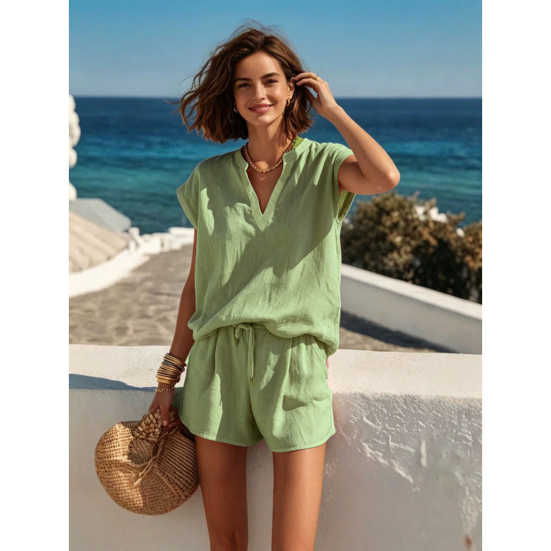 Women Solid Color V-Neck Linen Feel Short Sleeve short