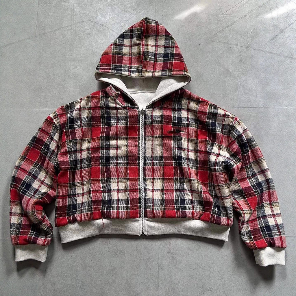 Reversible Plaid Zipper Hoodie Cardigan