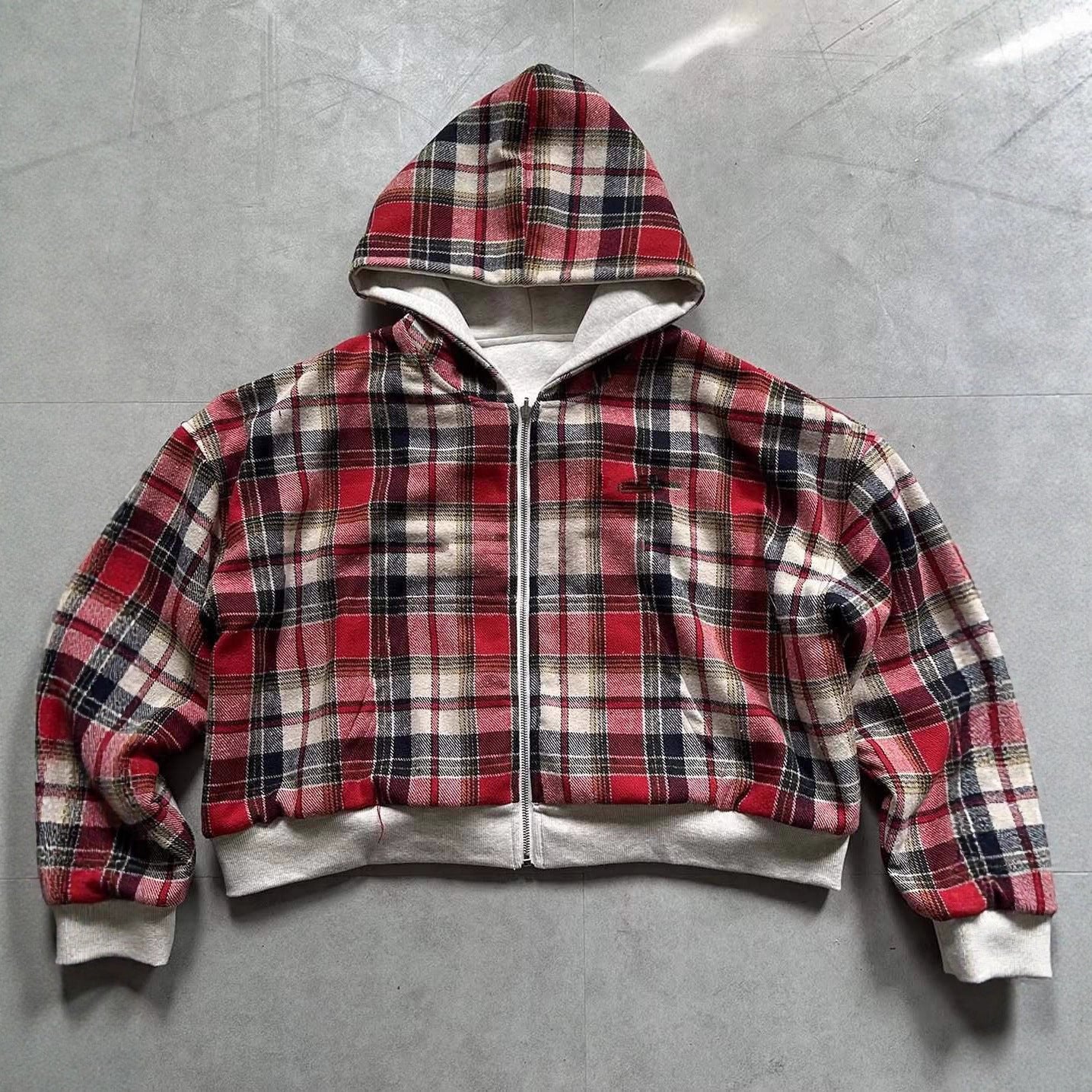 Reversible Plaid Zipper Hoodie Cardigan