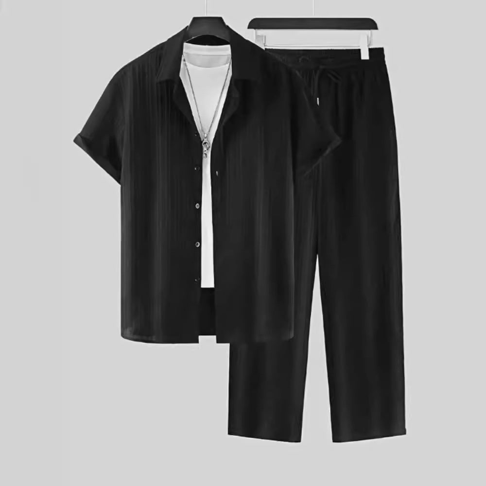 Men's Striped Short Sleeve Shirt and Pants Casual Suit