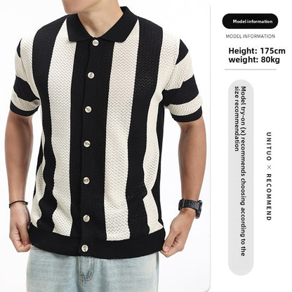 Mens Striped Knit Polo Shirt