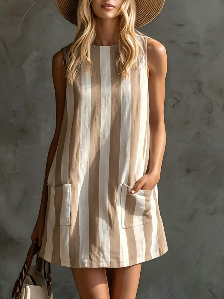 Women Retro Striped Sleeveless Round Neck Cotton Linen Mini Dress