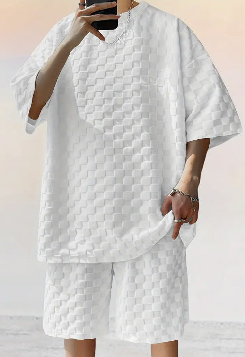 Men's Jacquard Plaid Casual T-Shirt and Shorts Set