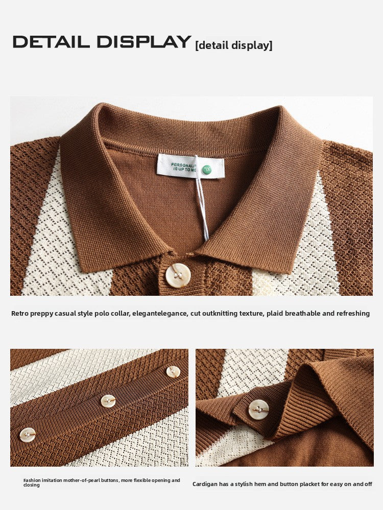 Mens Striped Knit Polo Shirt