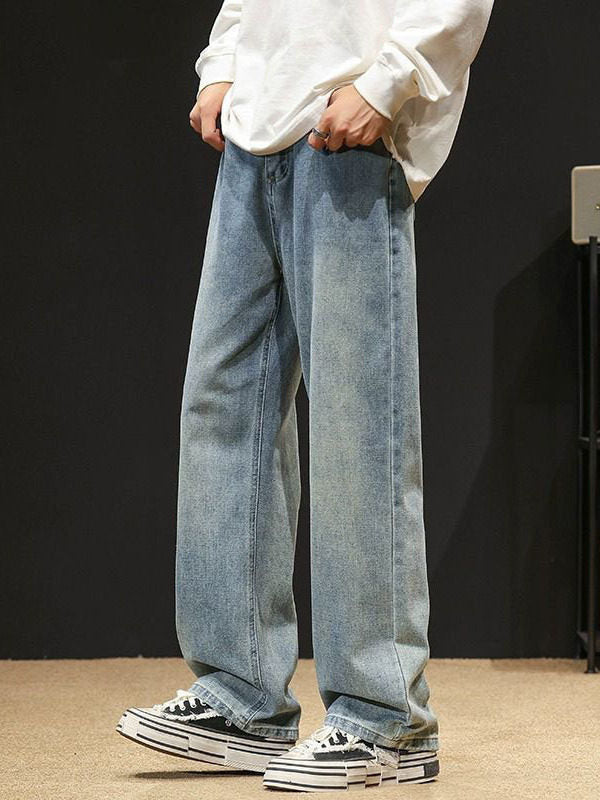 Mens Washed Denim Pants with Elastic Waist