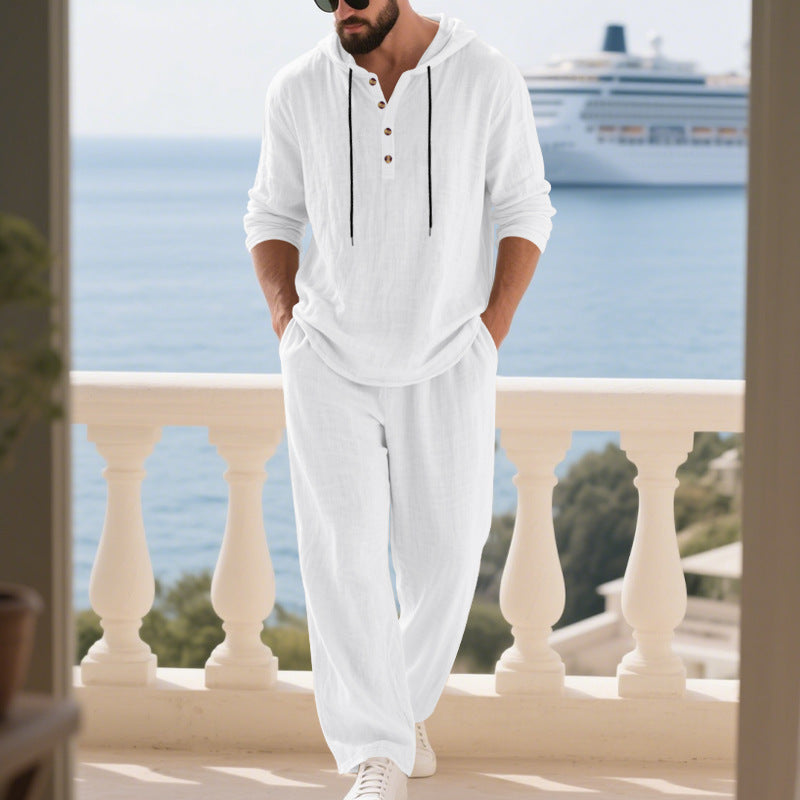 Mens Linen Hooded Sweatshirt and Pants Set