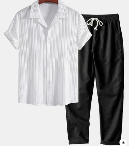 Mens Casual Short Sleeve Shirt and Long Pants Set