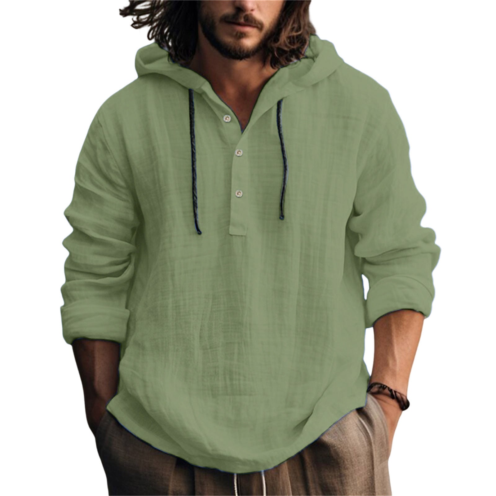 Cross-Border Summer Cotton and Linen Men's Hooded Shirt Long-Sleeved Casual Top Solid Color Breathable Thin Beach Men's T-Shirt