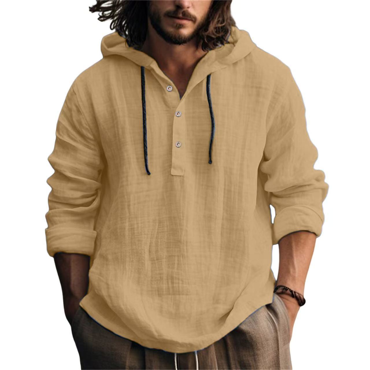 Cross-Border Summer Cotton and Linen Men's Hooded Shirt Long-Sleeved Casual Top Solid Color Breathable Thin Beach Men's T-Shirt