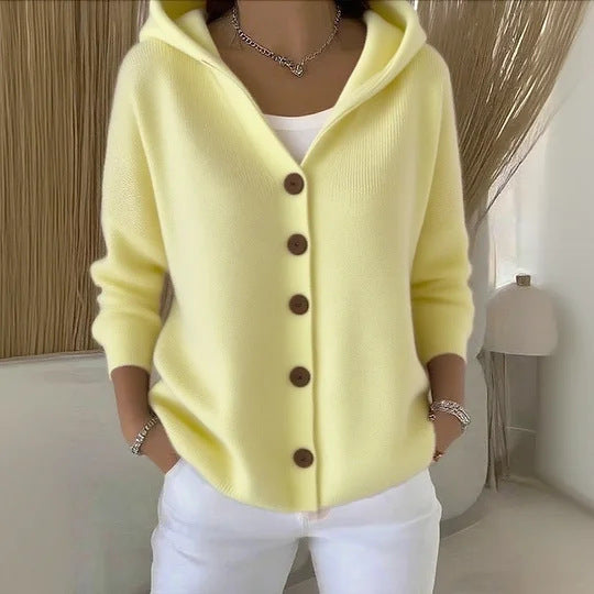 Women Hooded Knitted Cardigan Solid Color Loose Sweater Jacket