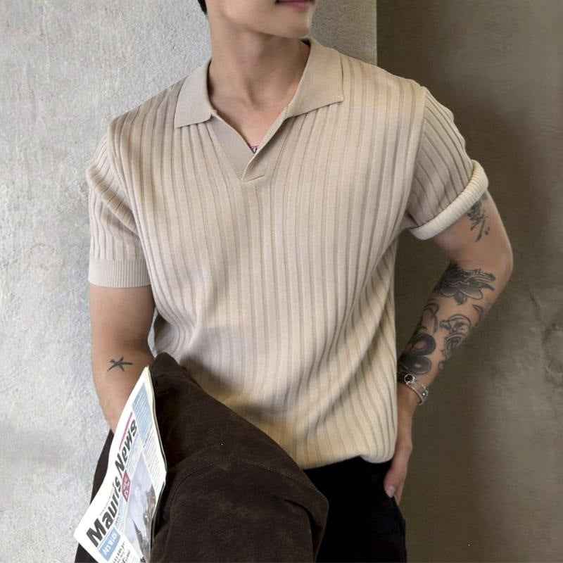 Striped Knit Mens Short Sleeve Polo Shirt