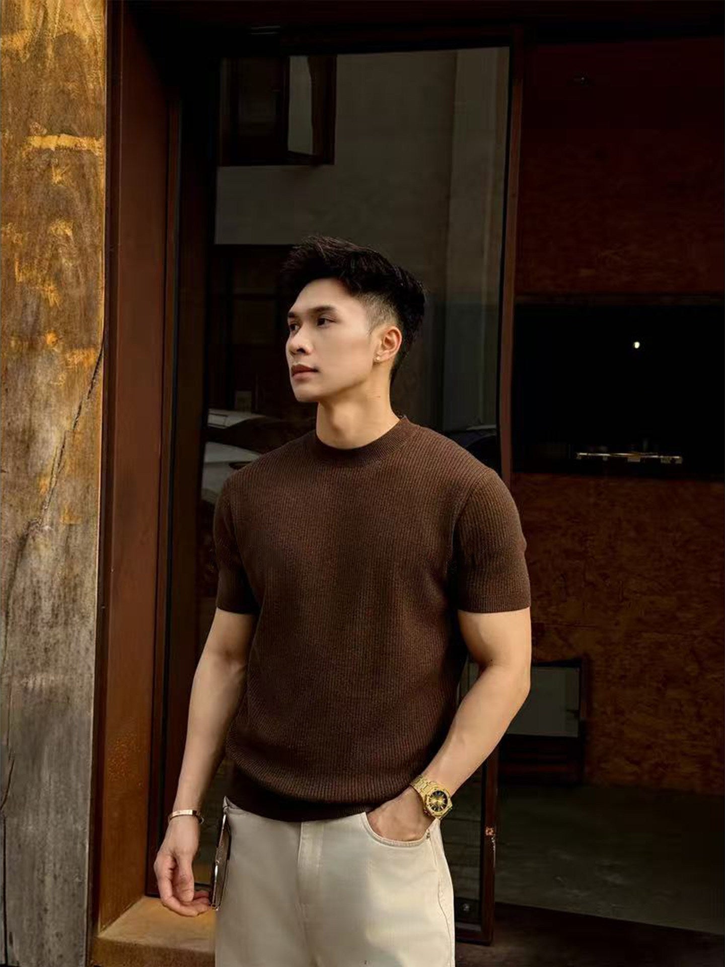 Classic Round Neck Knitted T-Shirt for Men