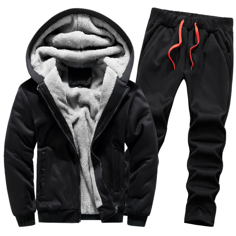 Men's thickened fleece-lined hoodie set