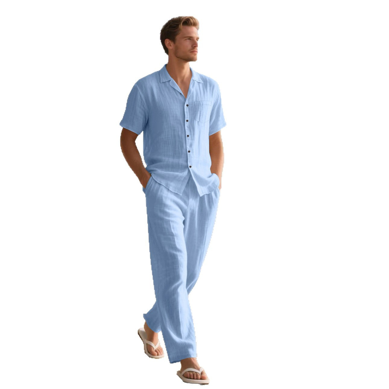 Men's Linen Short Sleeve Shirt and Trousers Set