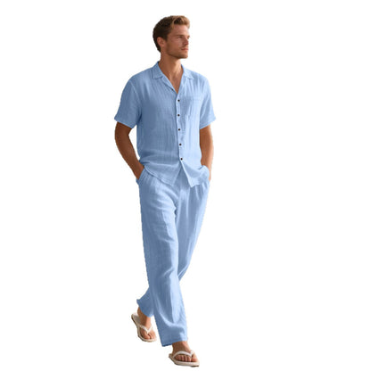 Men's Linen Short Sleeve Shirt and Trousers Set