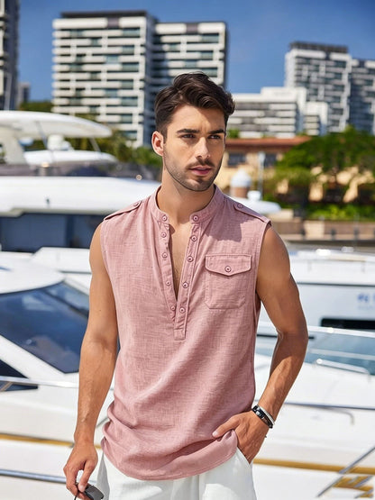 Mens Linen Sleeveless Vest with Stand Collar
