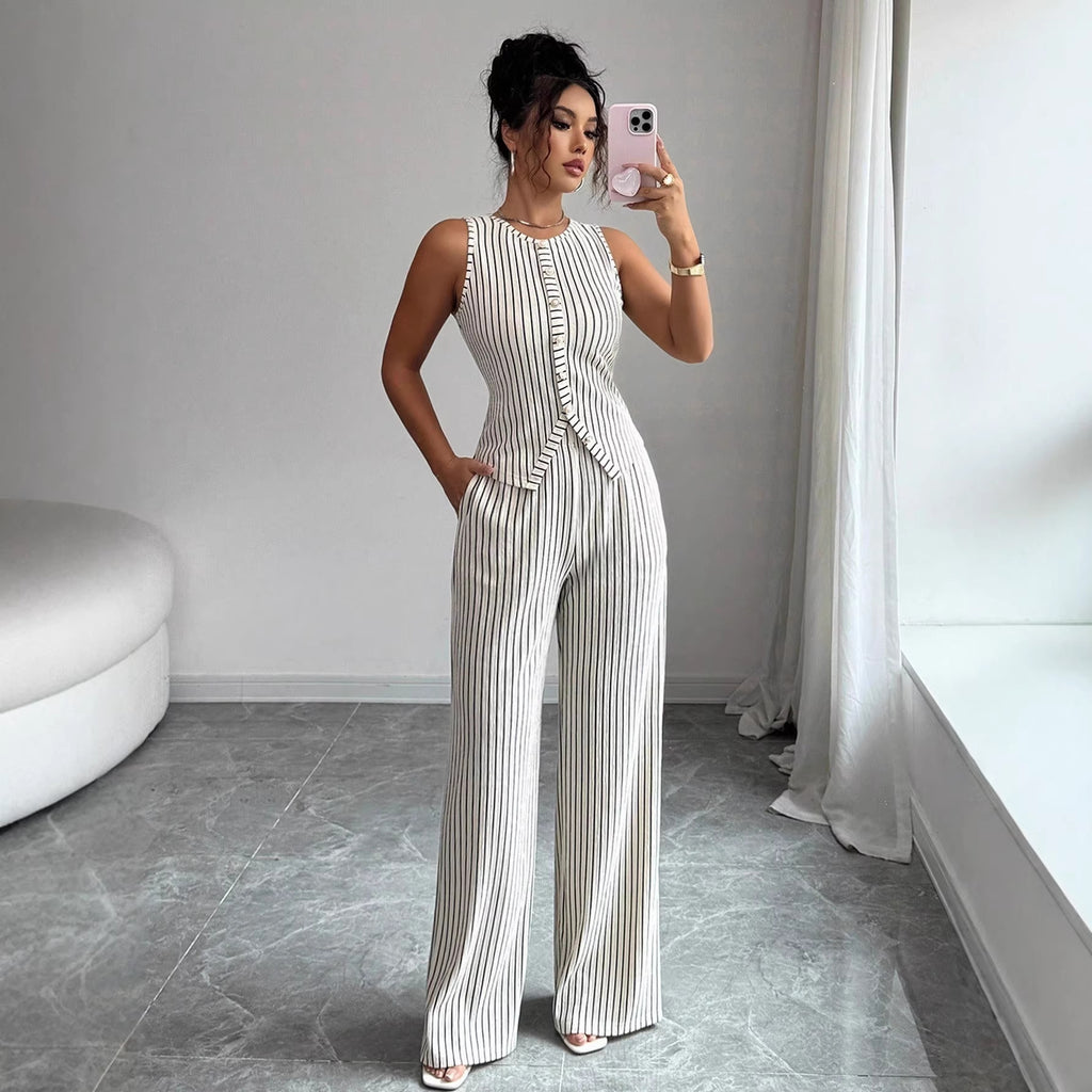 Womens Retro Striped Vest and Wide-Leg Pants Set