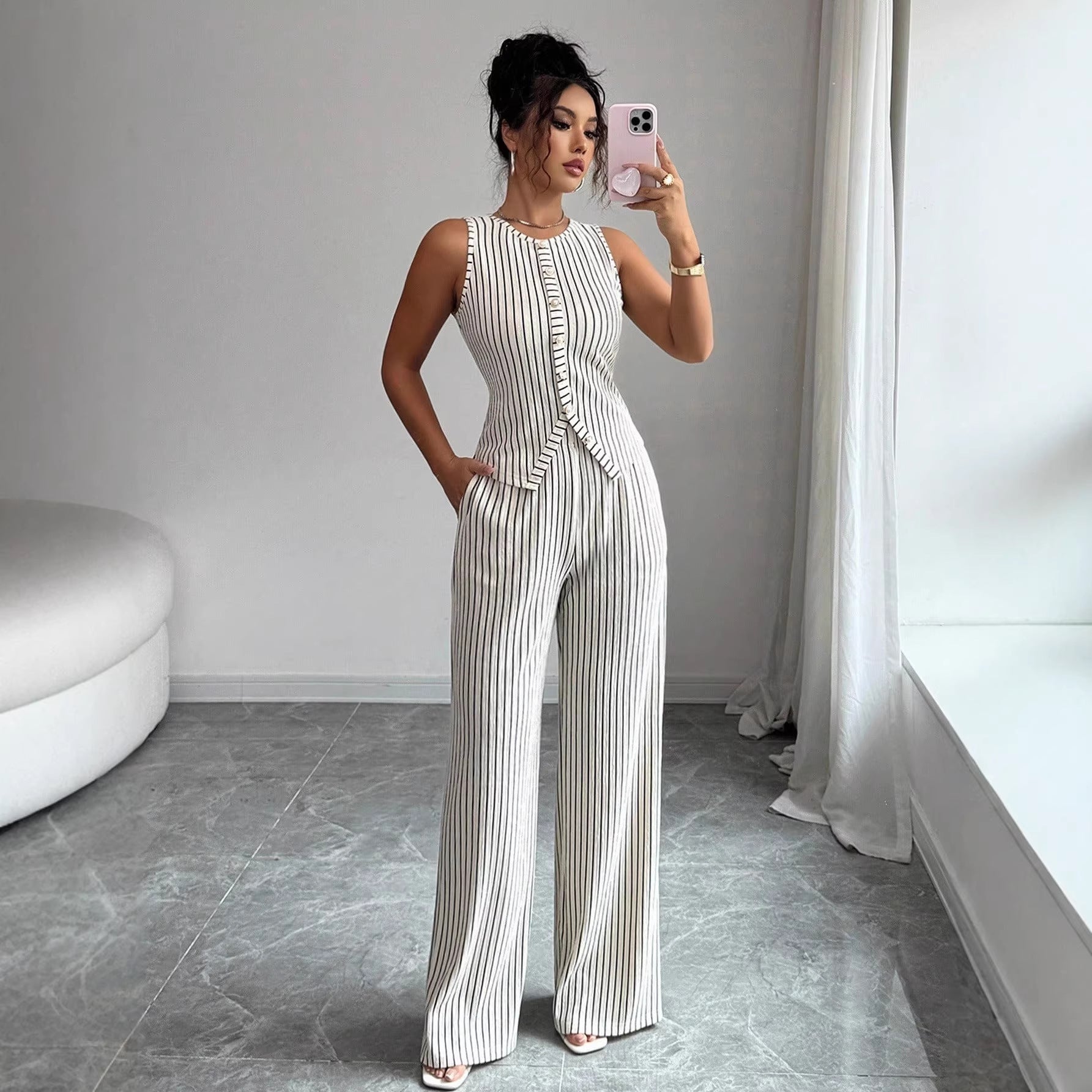 Womens Retro Striped Vest and Wide-Leg Pants Set
