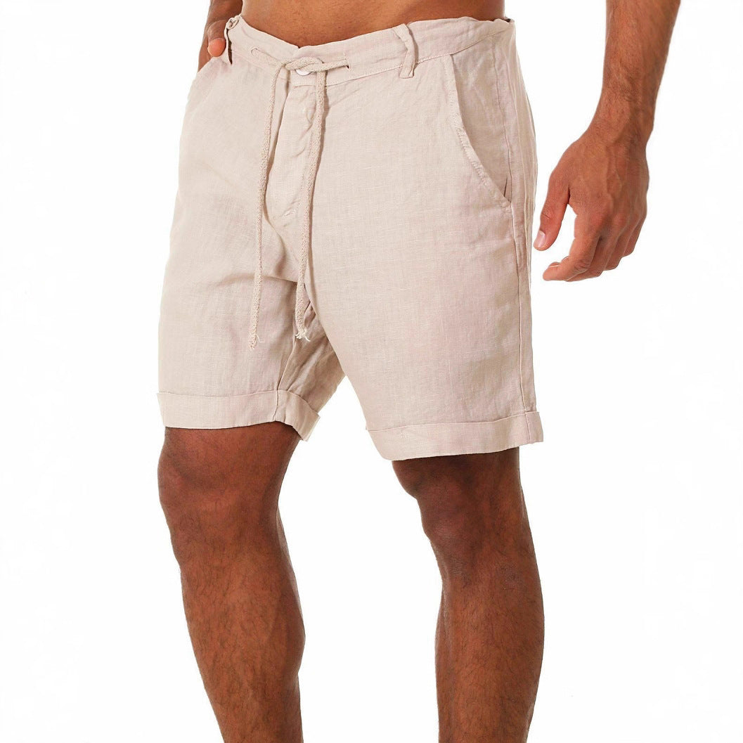 Mens Cotton Linen Drawstring Casual Shorts