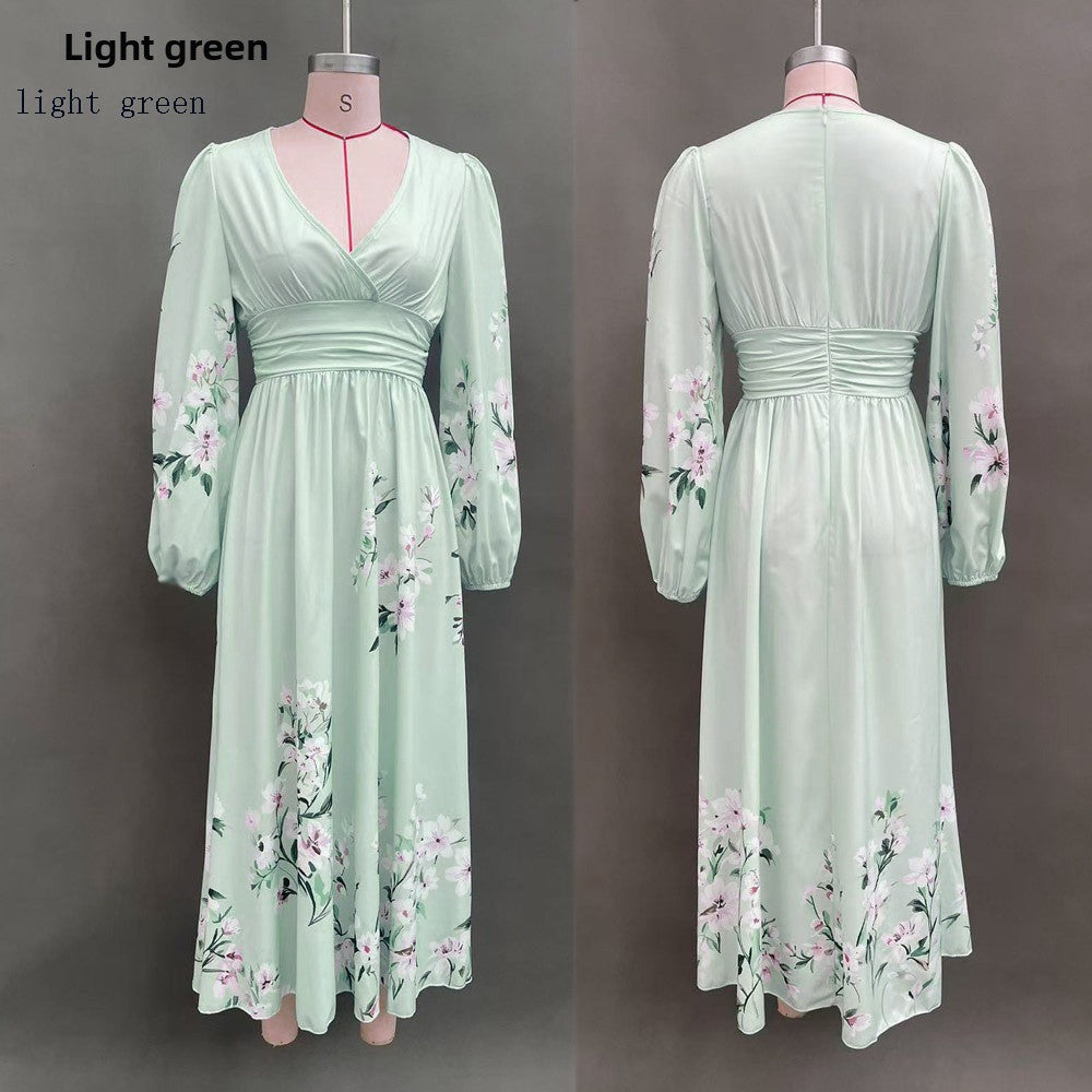 Women's Fashion Digital Print Floral Long-Sleeve V-Neck Pleated Dress